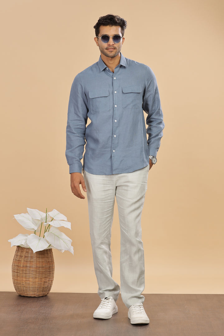 Liam - Pure Linen Double Pocket Classy Full Sleeve Shirt - Blue Grey