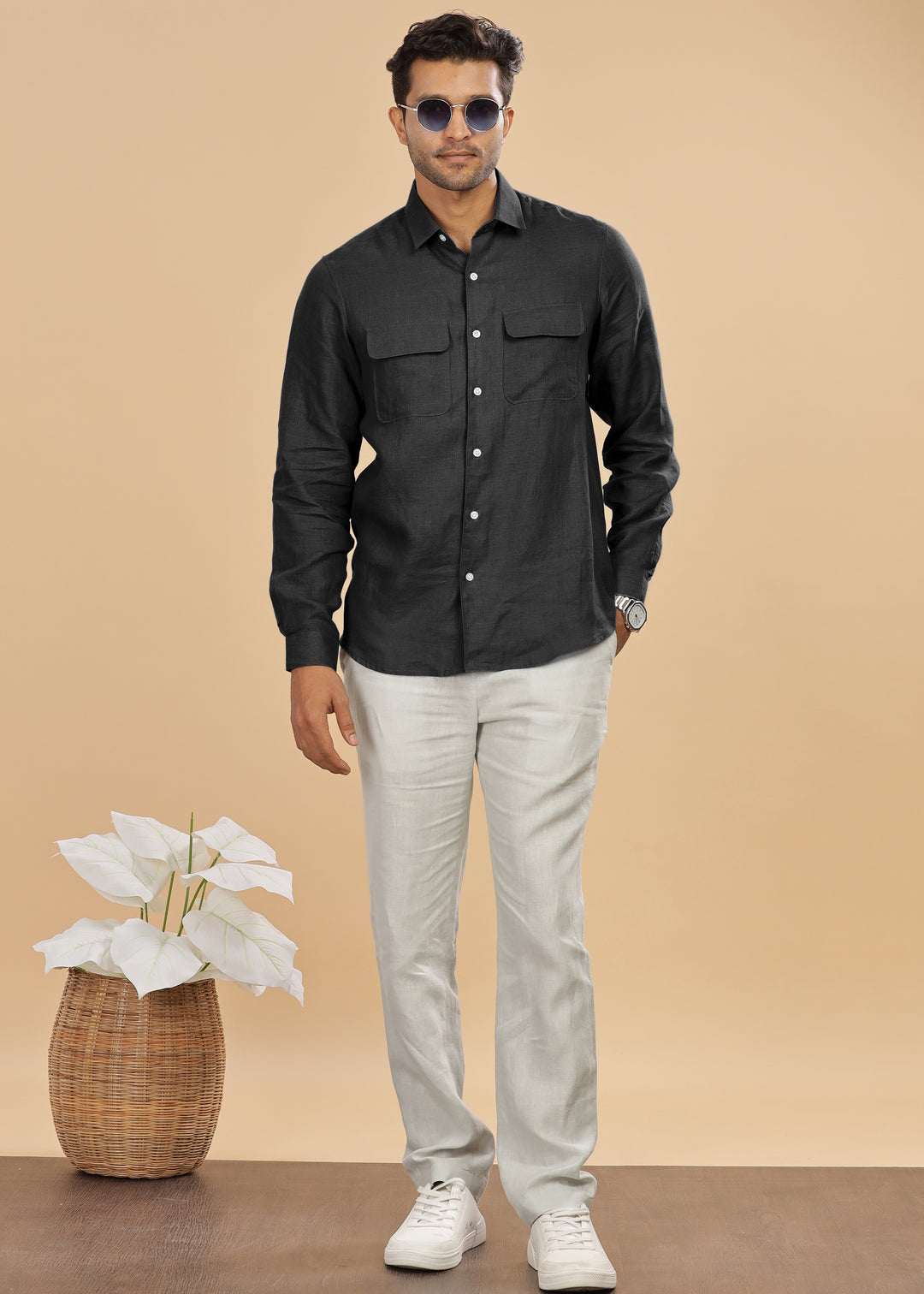 Liam - Pure Linen Double Pocket Classy Full Sleeve Shirt - Black