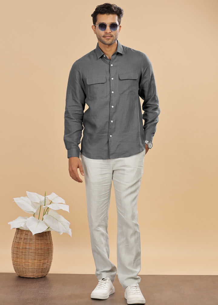 Liam - Pure Linen Double Pocket Classy Full Sleeve Shirt - Charcoal Grey