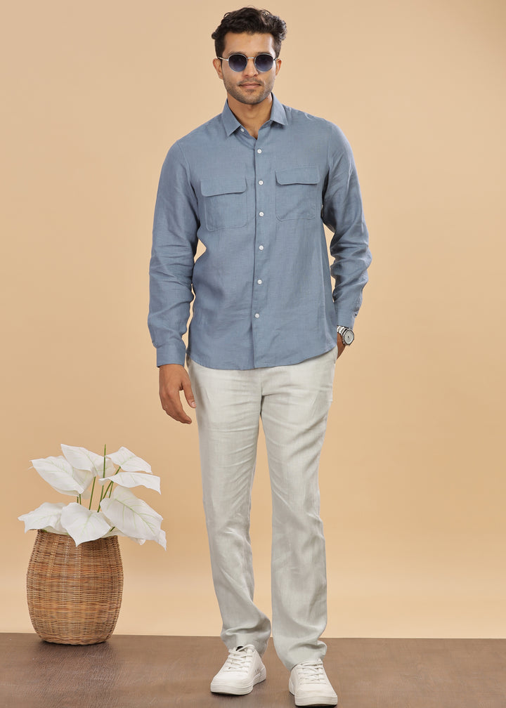 Liam - Pure Linen Double Pocket Classy Full Sleeve Shirt - Blue Grey