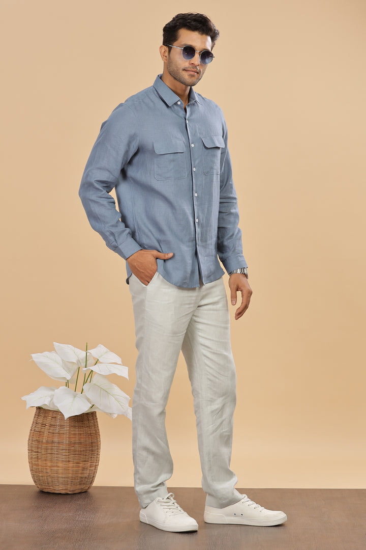 Liam - Pure Linen Double Pocket Classy Full Sleeve Shirt - Blue Grey