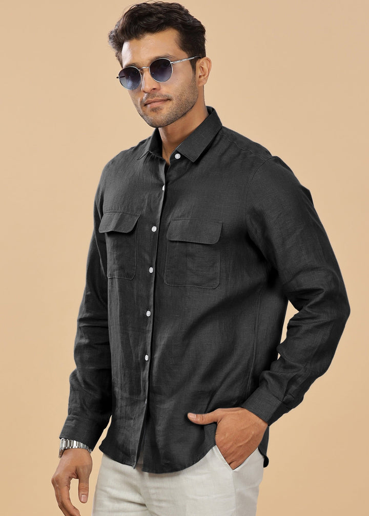 Liam - Pure Linen Double Pocket Classy Full Sleeve Shirt - Black