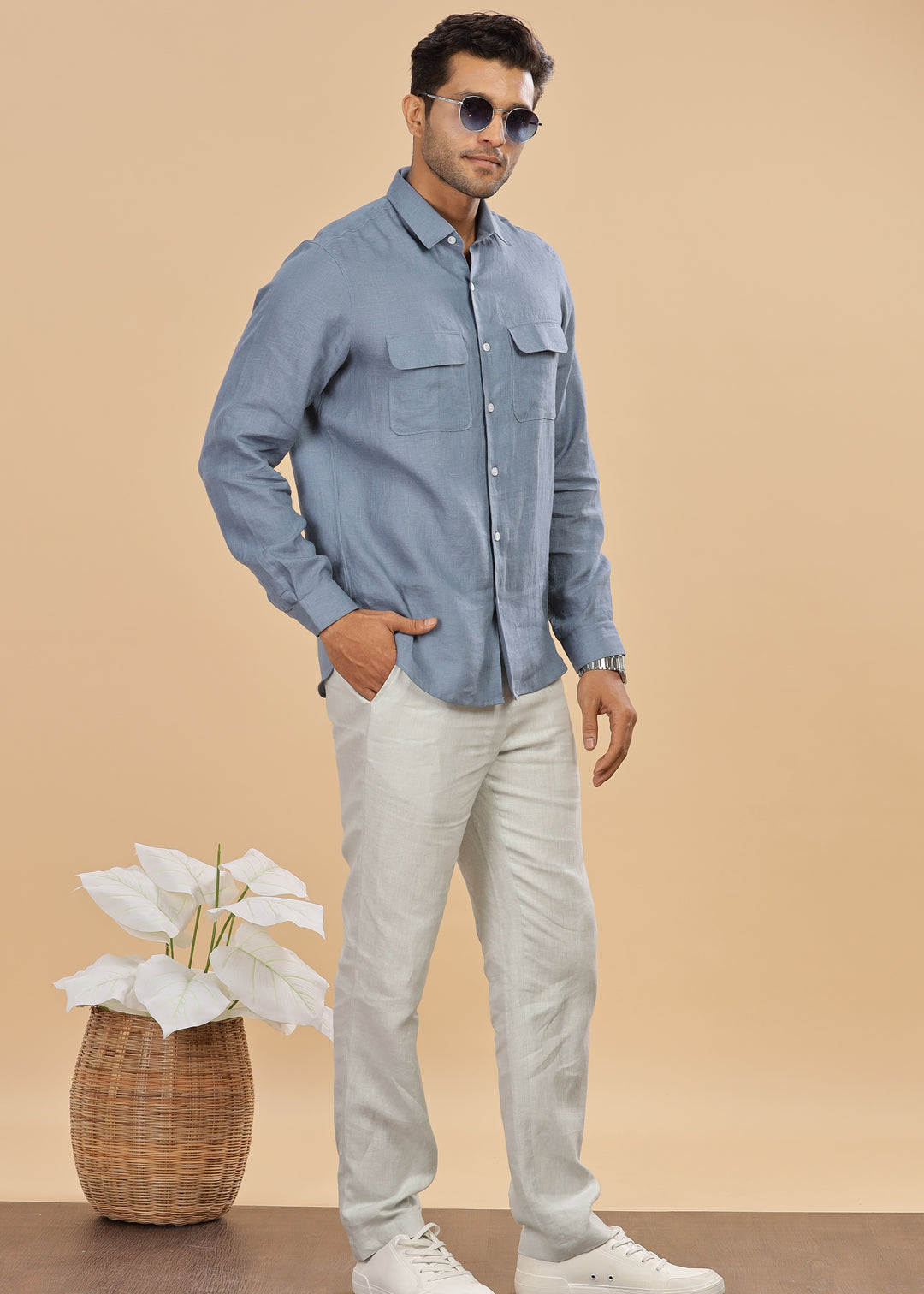 Liam - Pure Linen Double Pocket Classy Full Sleeve Shirt - Blue Grey