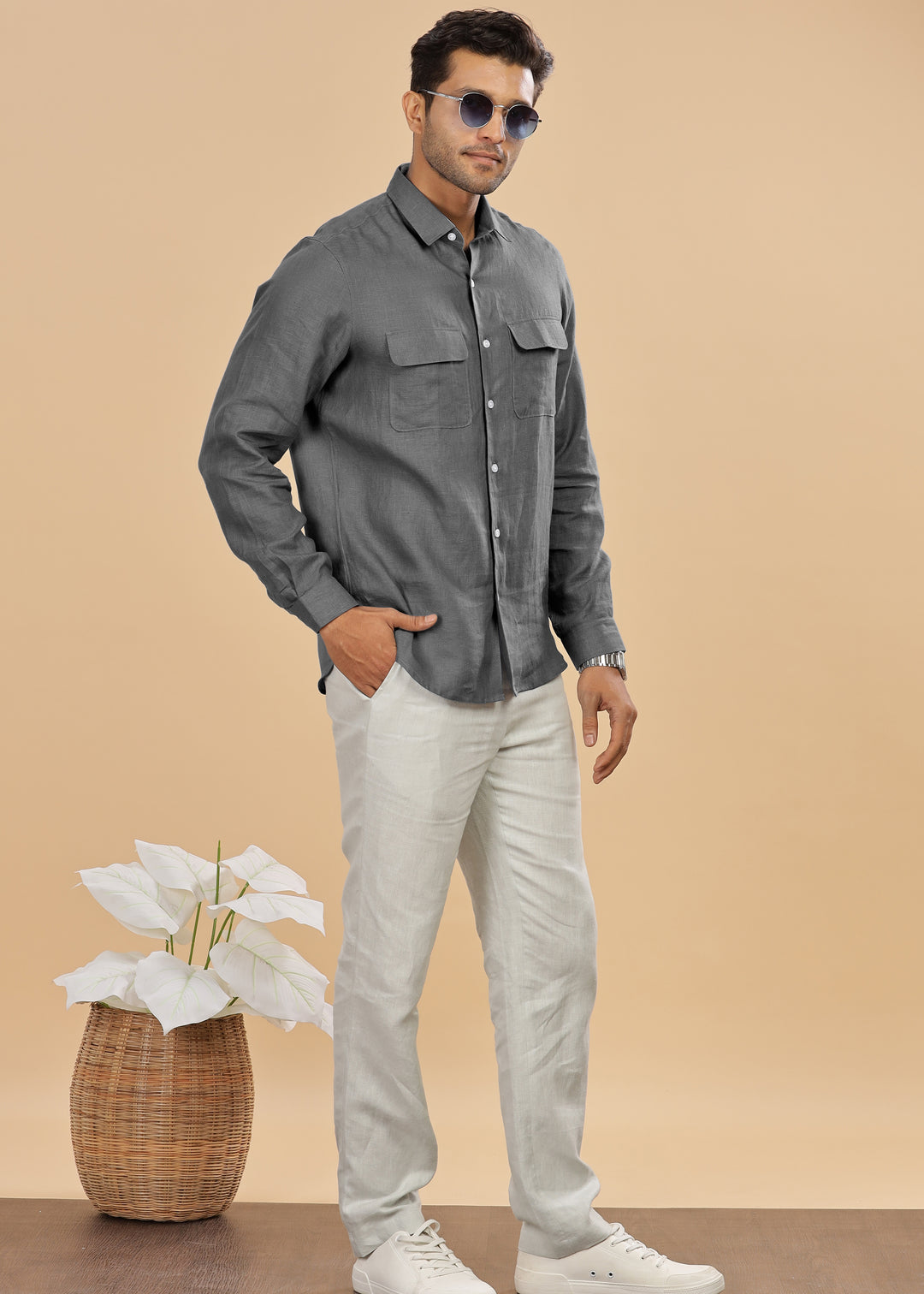 Liam - Pure Linen Double Pocket Classy Full Sleeve Shirt - Charcoal Grey