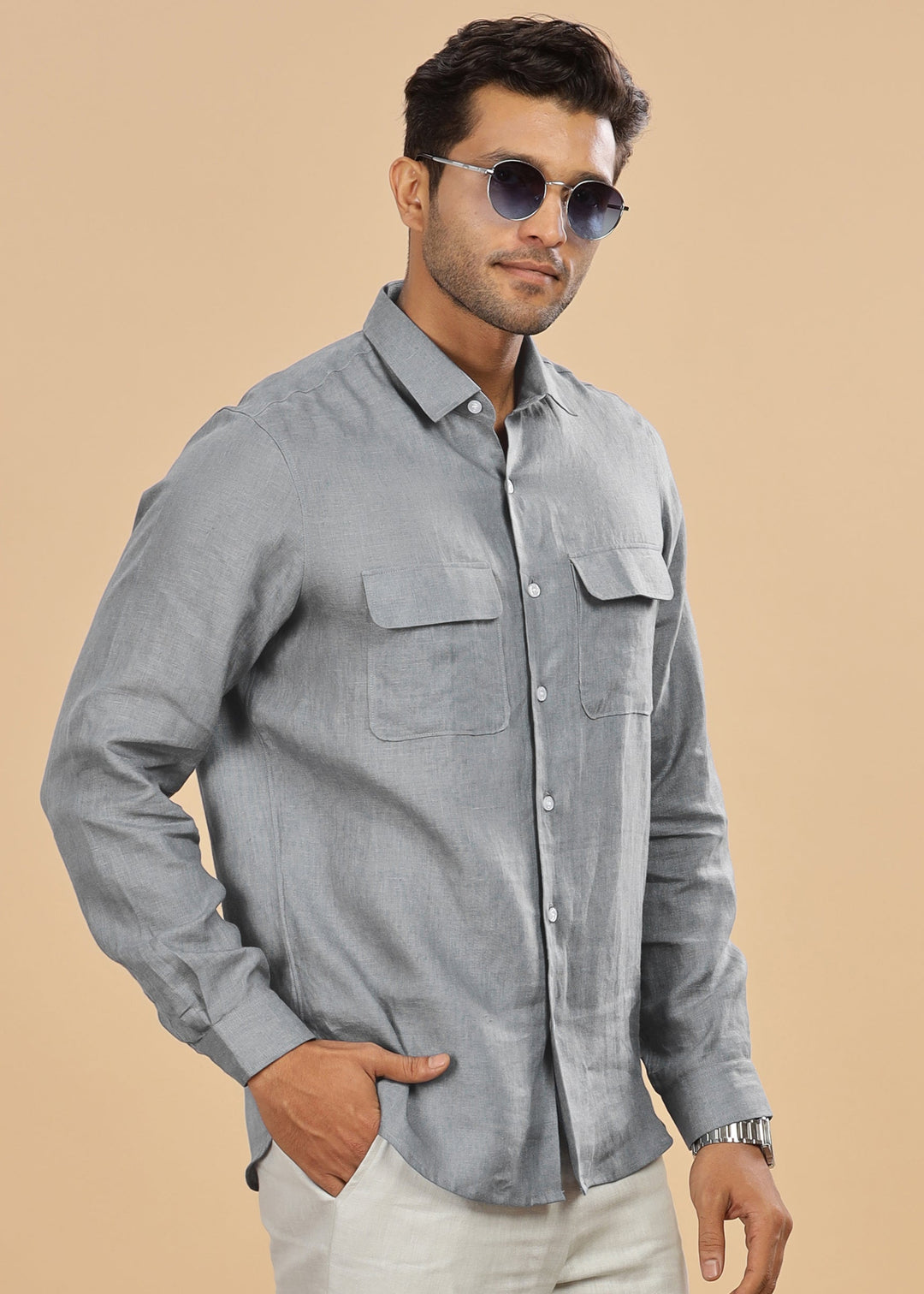Liam Pure Linen Double Pocket Classy Full Sleeve Shirt Slate Grey