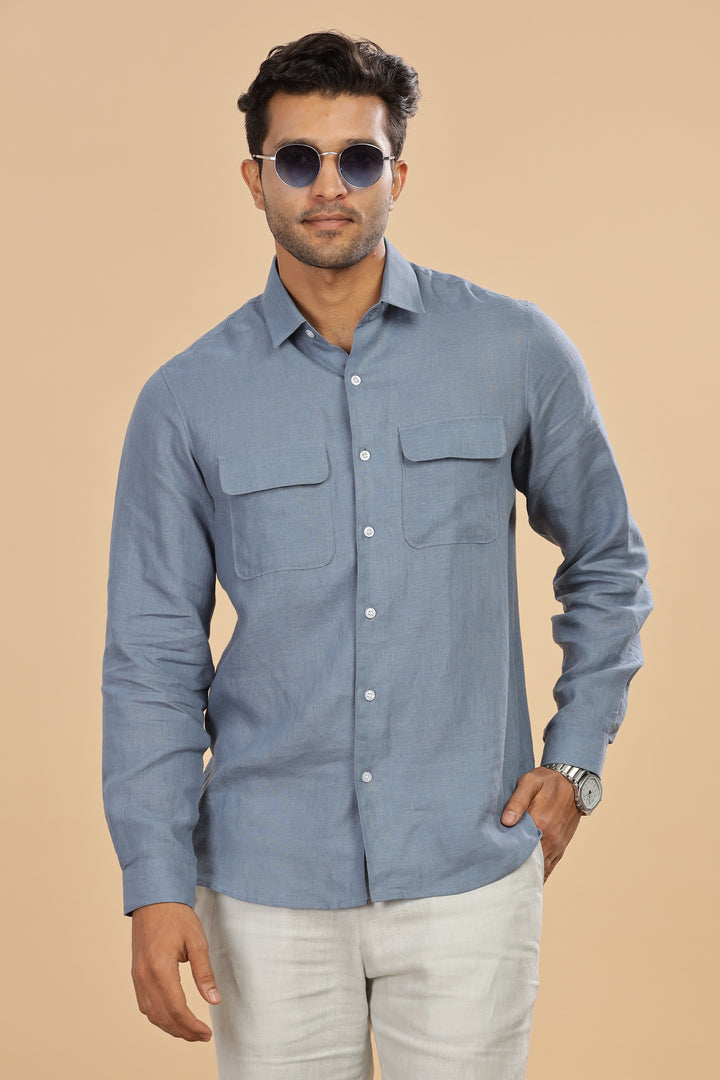 Liam - Pure Linen Double Pocket Classy Full Sleeve Shirt - Blue Grey