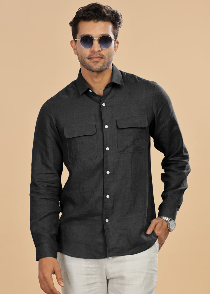 Liam - Pure Linen Double Pocket Classy Full Sleeve Shirt - Black