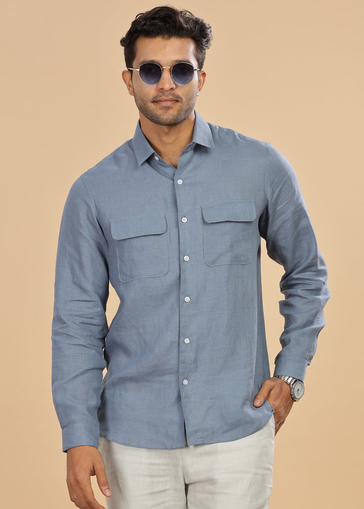 Liam - Pure Linen Double Pocket Classy Full Sleeve Shirt - Blue Grey