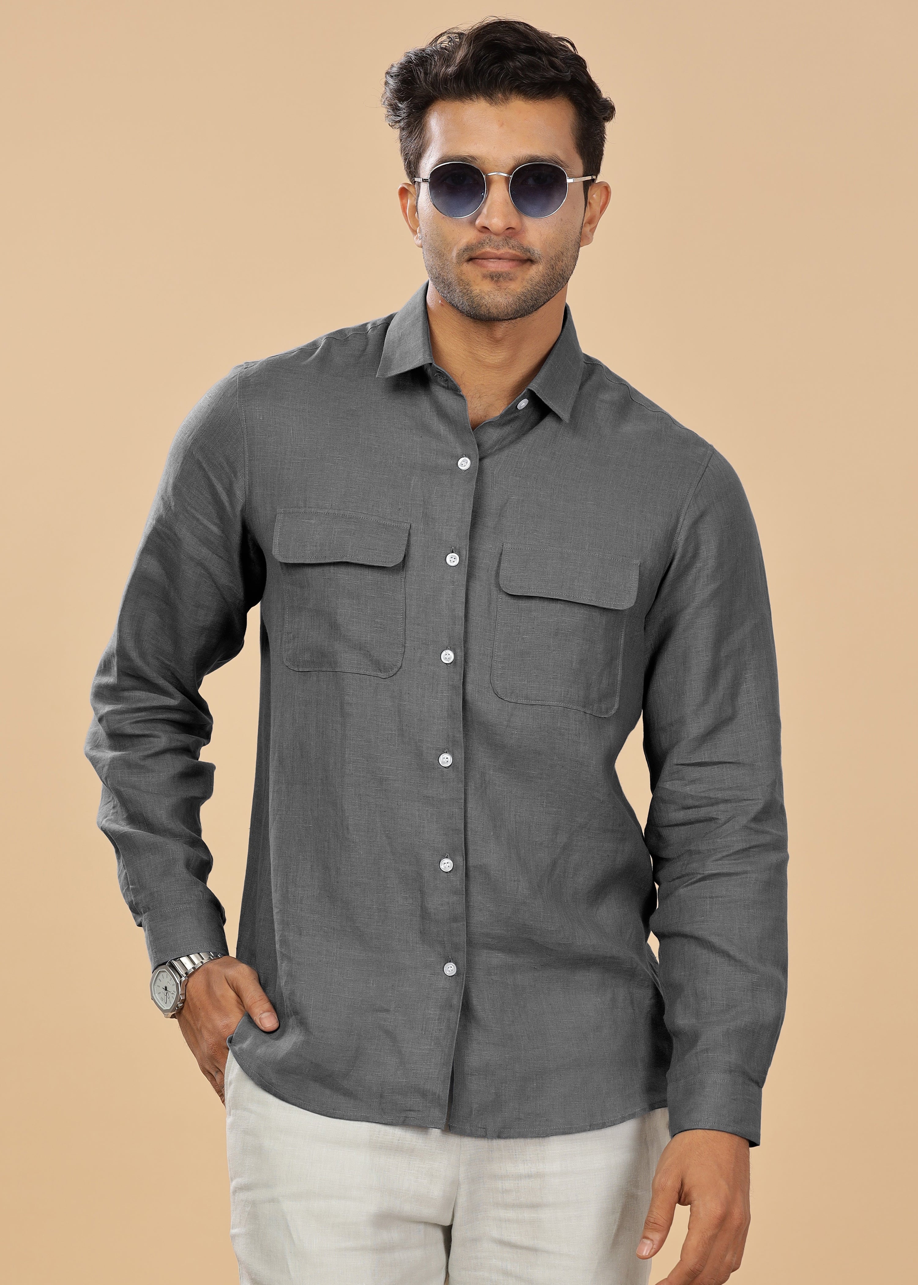 Charcoal Grey Pure Linen Double Pocket Full Sleeve Shirt – Linen Trail