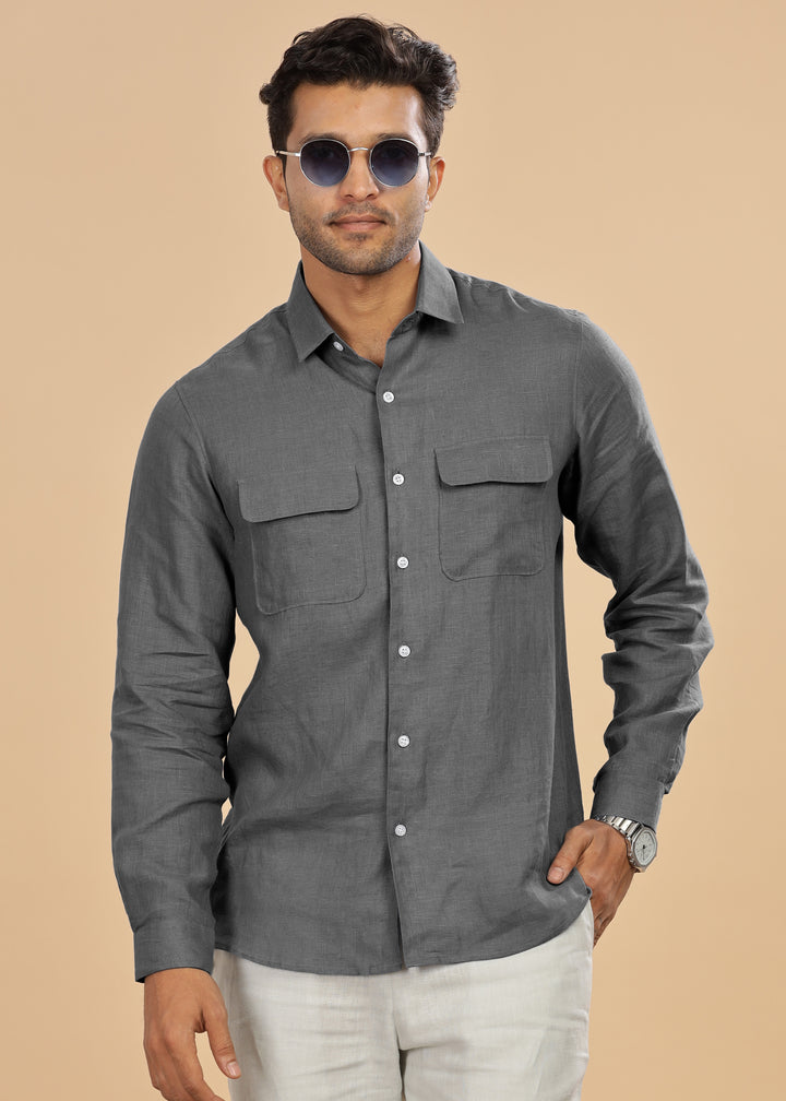 Liam - Pure Linen Double Pocket Classy Full Sleeve Shirt - Charcoal Grey