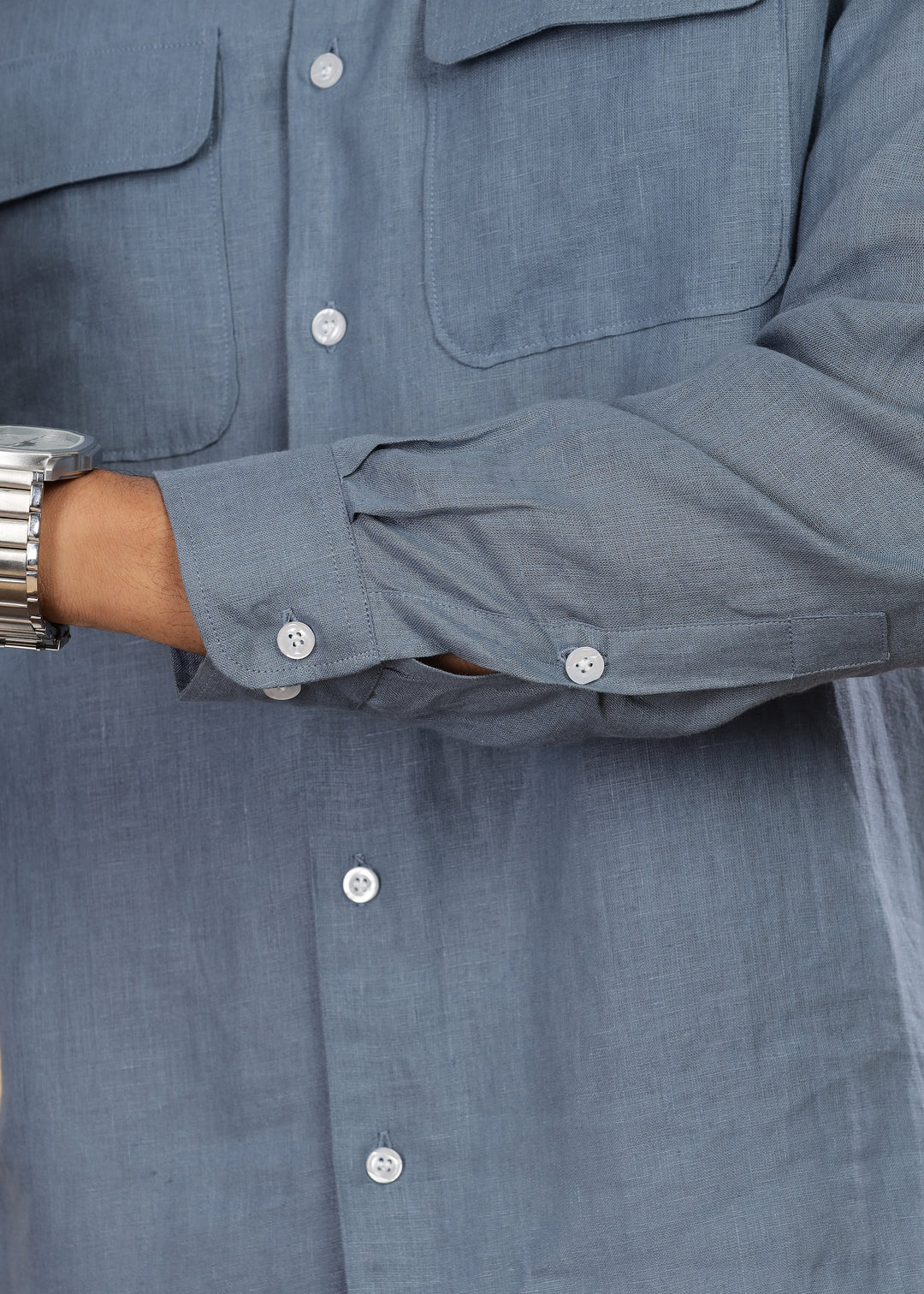 Liam - Pure Linen Double Pocket Classy Full Sleeve Shirt - Blue Grey