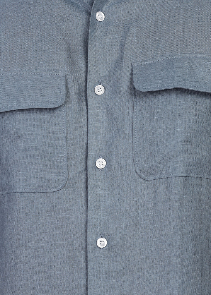 Liam - Pure Linen Double Pocket Classy Full Sleeve Shirt - Blue Grey