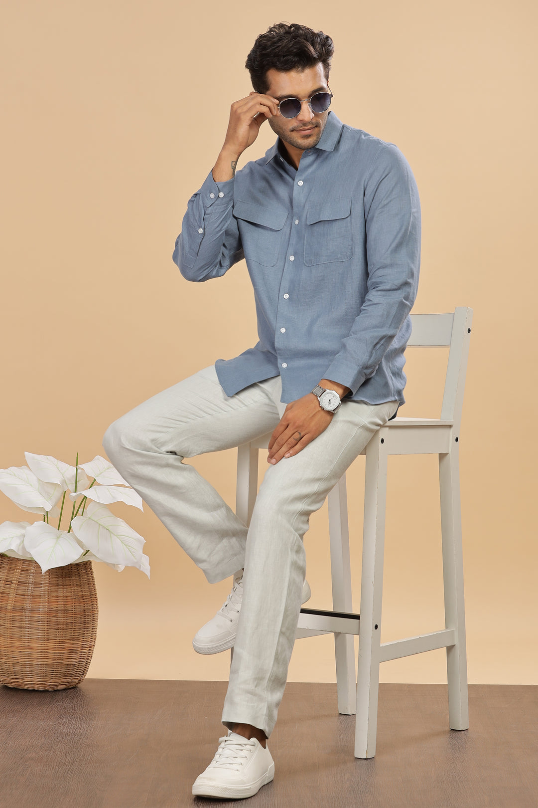 Liam - Pure Linen Double Pocket Classy Full Sleeve Shirt - Blue Grey