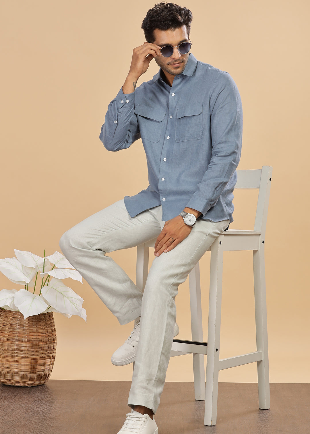 Liam - Pure Linen Double Pocket Classy Full Sleeve Shirt - Blue Grey