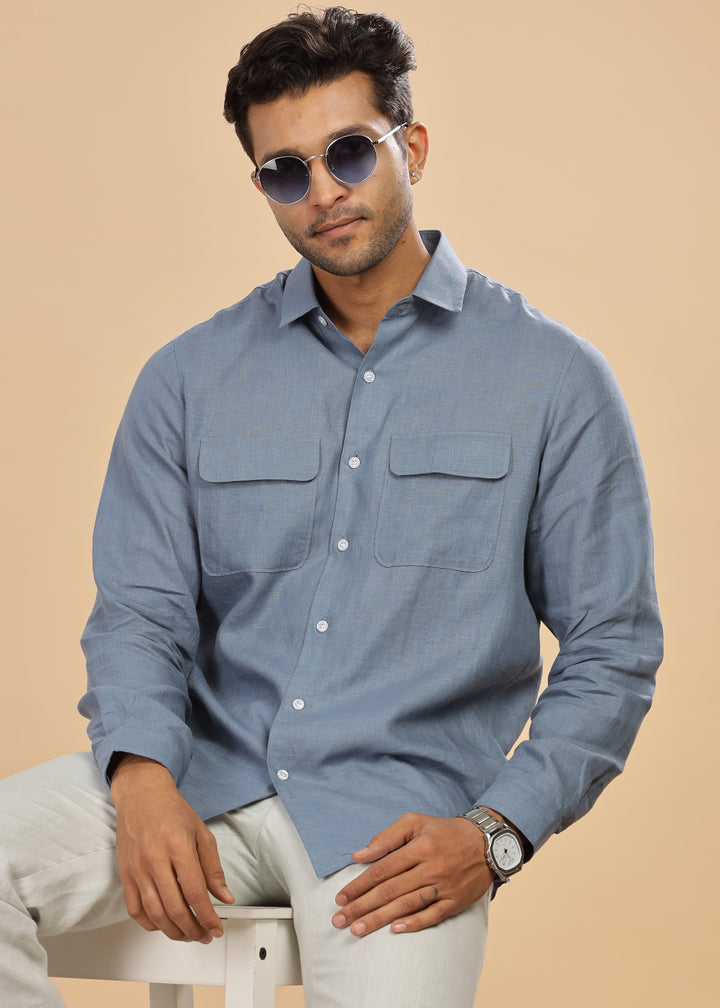 Liam - Pure Linen Double Pocket Classy Full Sleeve Shirt - Blue Grey