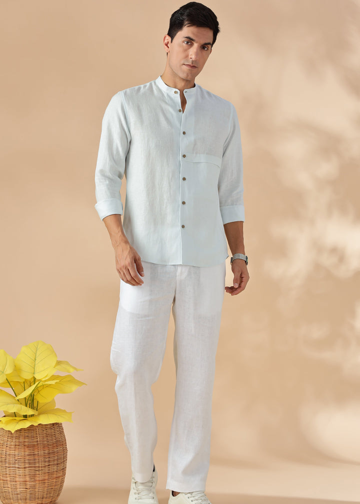 Drae Korean Shirt - Pure Linen Full Sleeve Shirt with Band Collar -  Light Blue