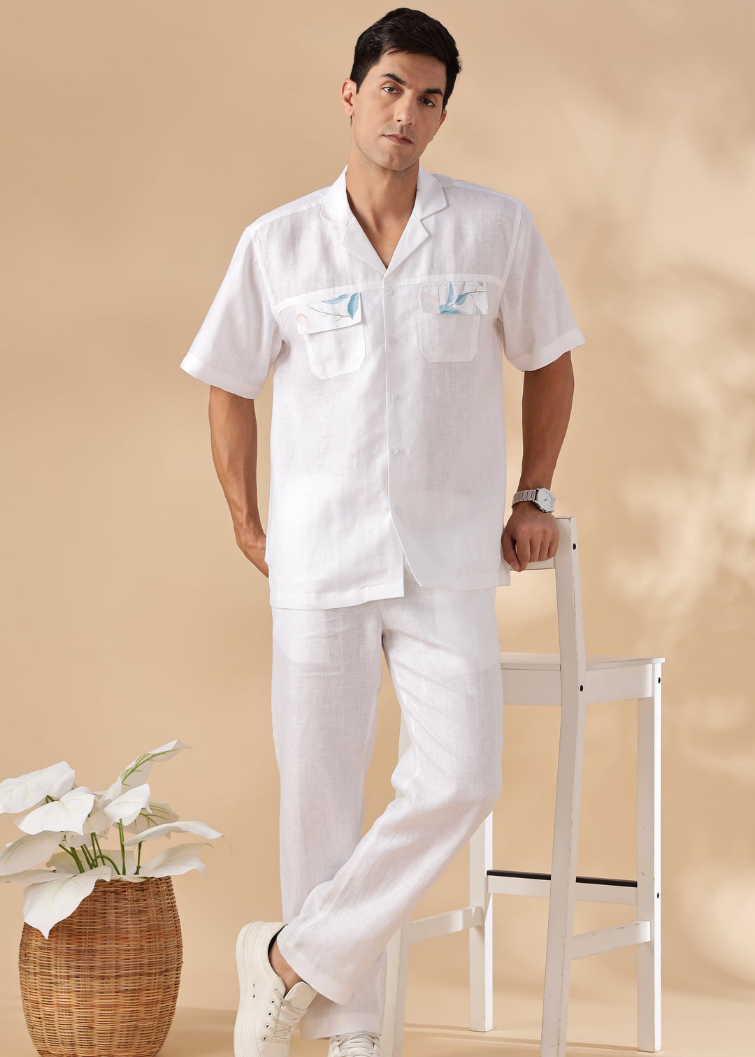 Shay - Pure Linen Cuban Collar Shirt with Printed Flap Pockets - White