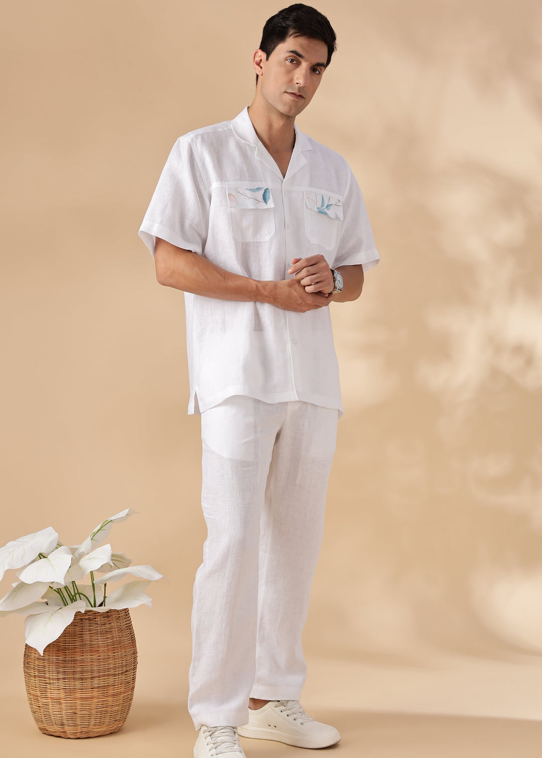 Shay - Pure Linen Cuban Collar Shirt with Printed Flap Pockets - White