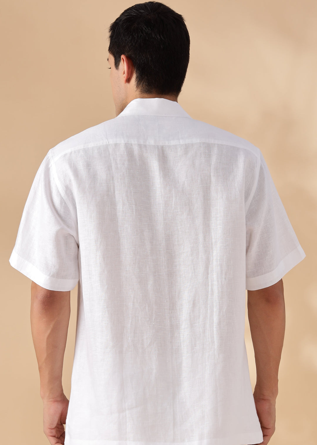 Shay - Pure Linen Cuban Collar Shirt with Printed Flap Pockets - White