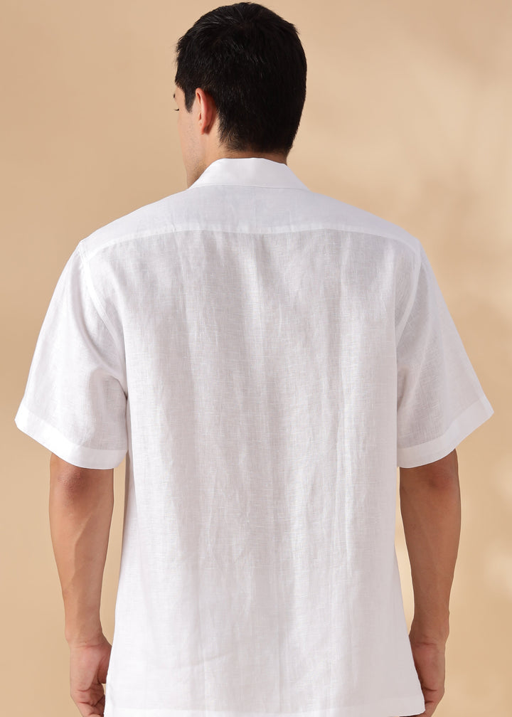 Shay - Pure Linen Cuban Collar Shirt with Printed Flap Pockets - White