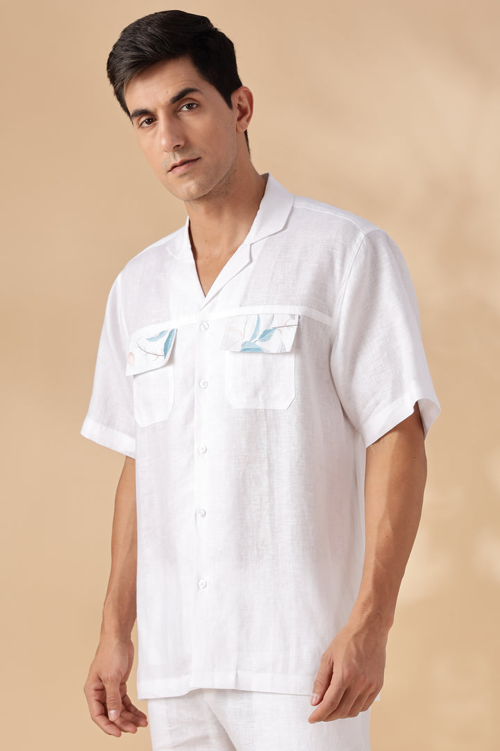 Shay - Pure Linen Cuban Collar Shirt with Printed Flap Pockets - White