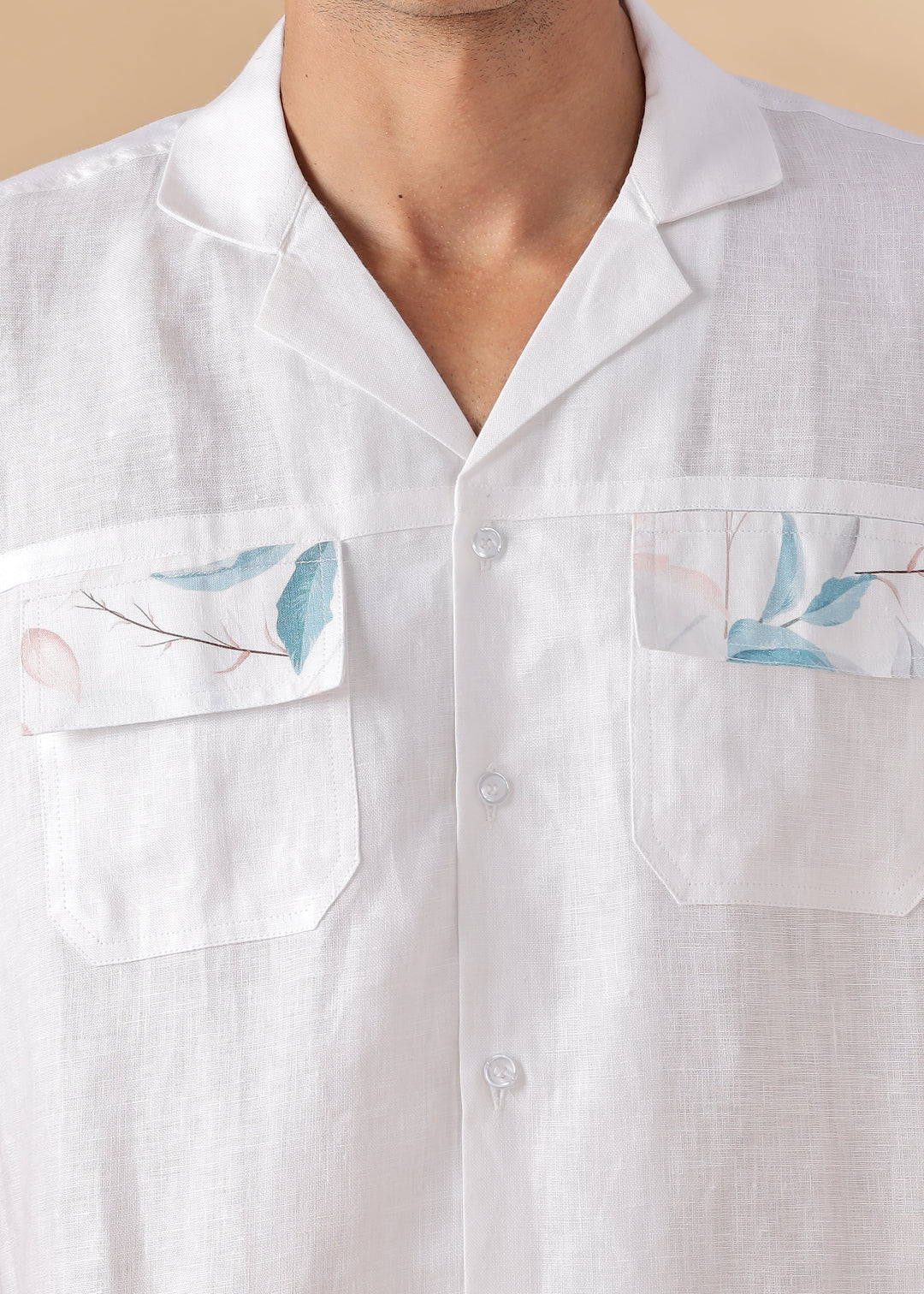 Shay - Pure Linen Cuban Collar Shirt with Printed Flap Pockets - White