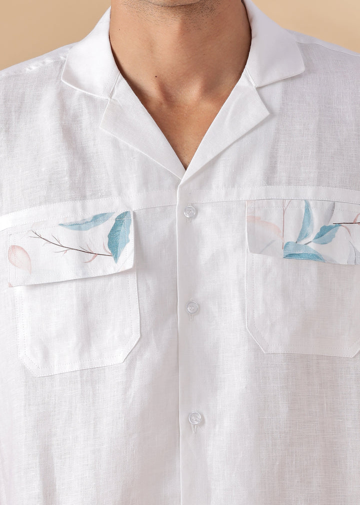 Shay - Pure Linen Cuban Collar Shirt with Printed Flap Pockets - White