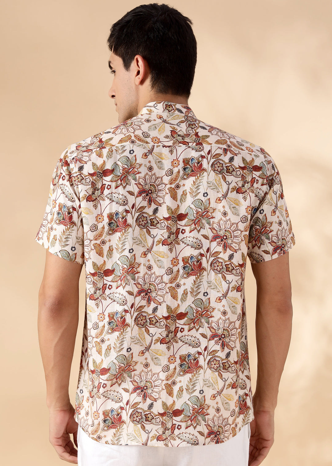 Tao- Pure Linen Short Sleeve Shirt With All Over Print - Off White