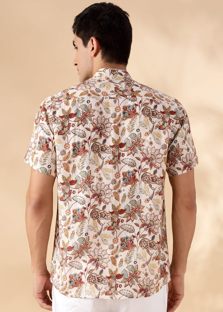Tao- Pure Linen Short Sleeve Shirt With All Over Print - Off White