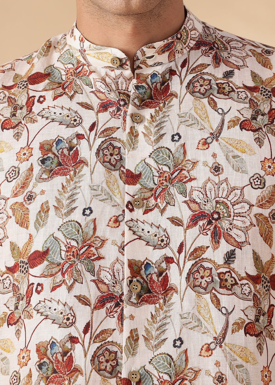 Tao- Pure Linen Short Sleeve Shirt With All Over Print - Off White