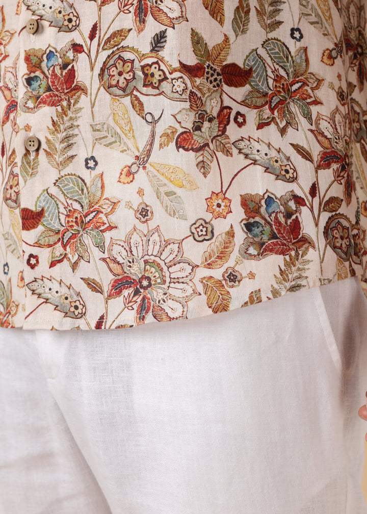 Tao- Pure Linen Short Sleeve Shirt With All Over Print - Off White