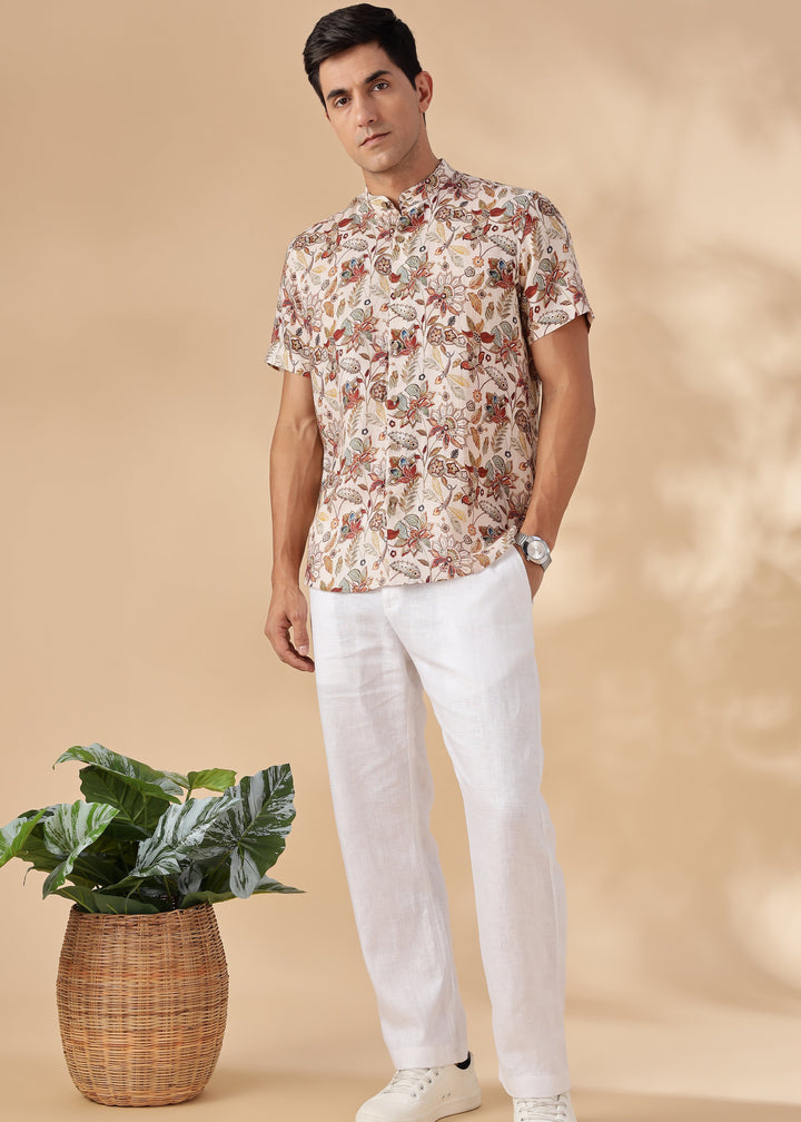 Tao- Pure Linen Short Sleeve Shirt With All Over Print - Off White