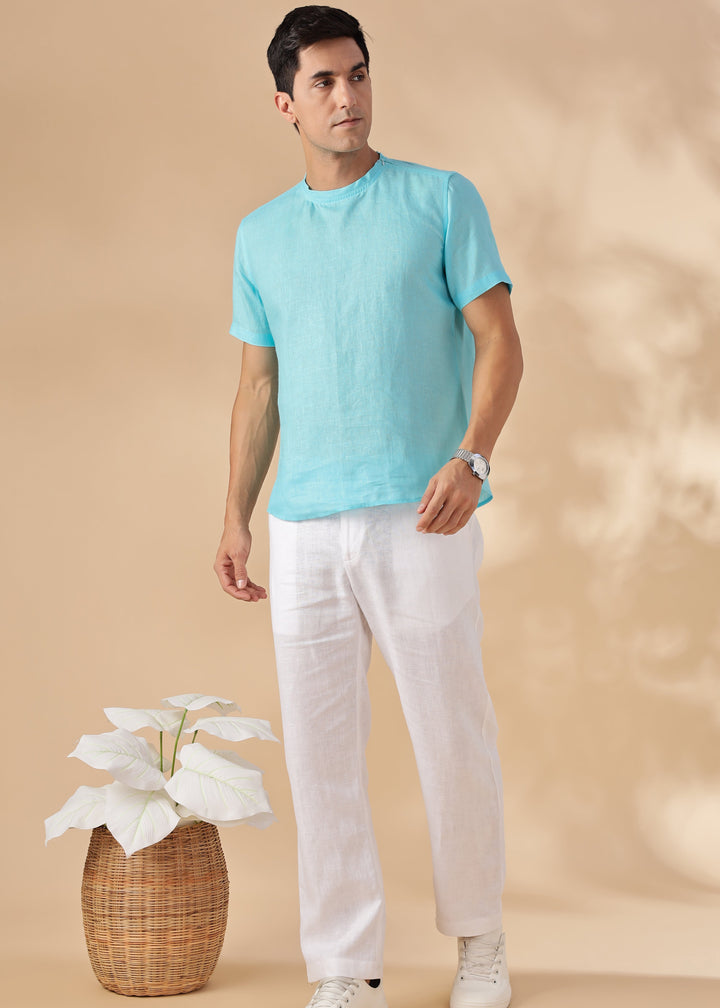 Morgan - Pure Linen Short Sleeve T-Shirt - Ice Blue