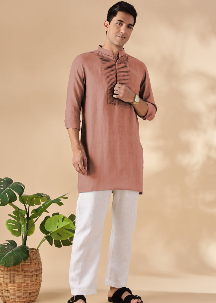 Nirva Kurta - Pure Linen Long Kurta with Space Tucks | Fondue Pink