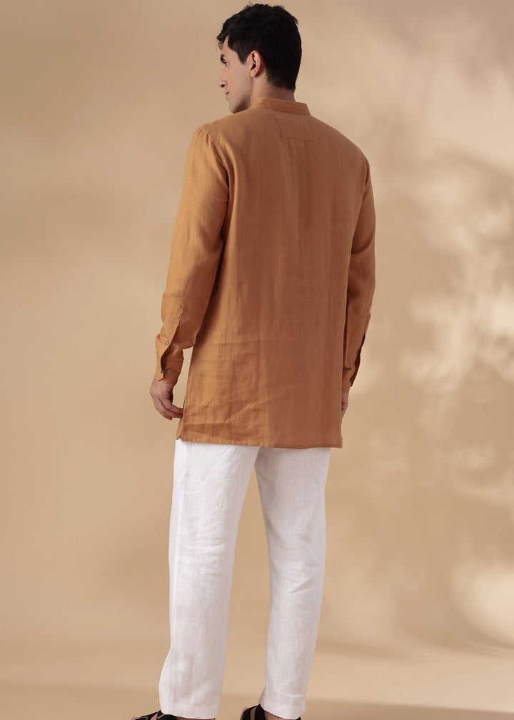 Taran Kurta - Half Placket Pure Linen Long Kurta - Mustard Brown