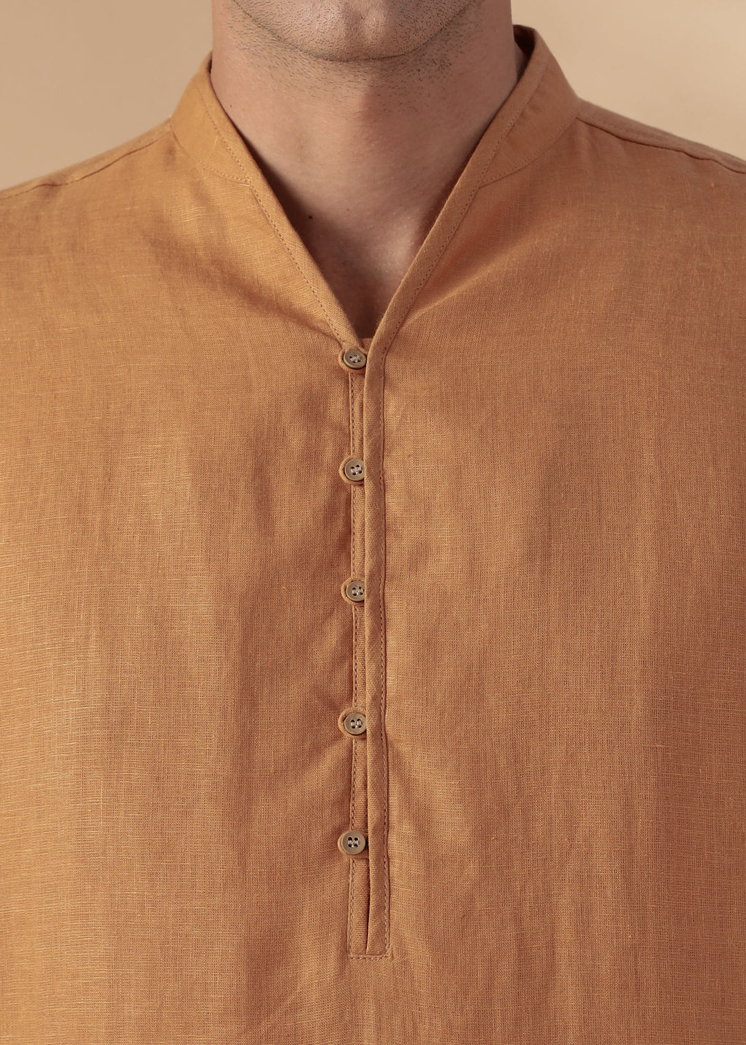 Taran Kurta - Half Placket Pure Linen Long Kurta - Mustard Brown