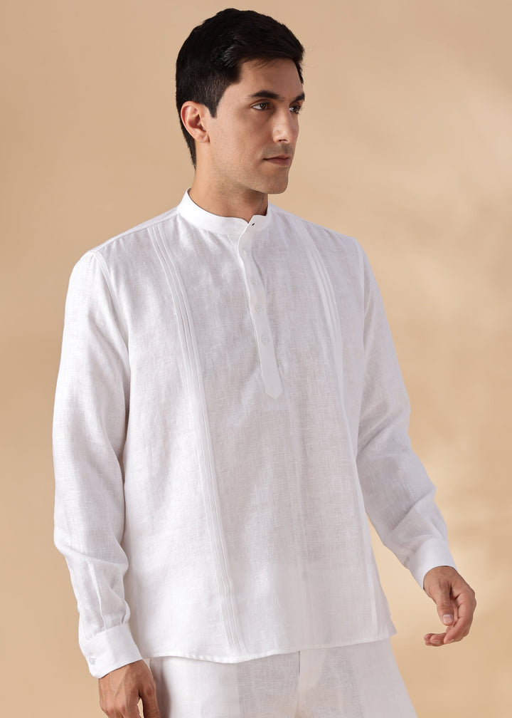 Marsh - Full Sleeve Pure Linen Short Kurta with Space Pleates - White