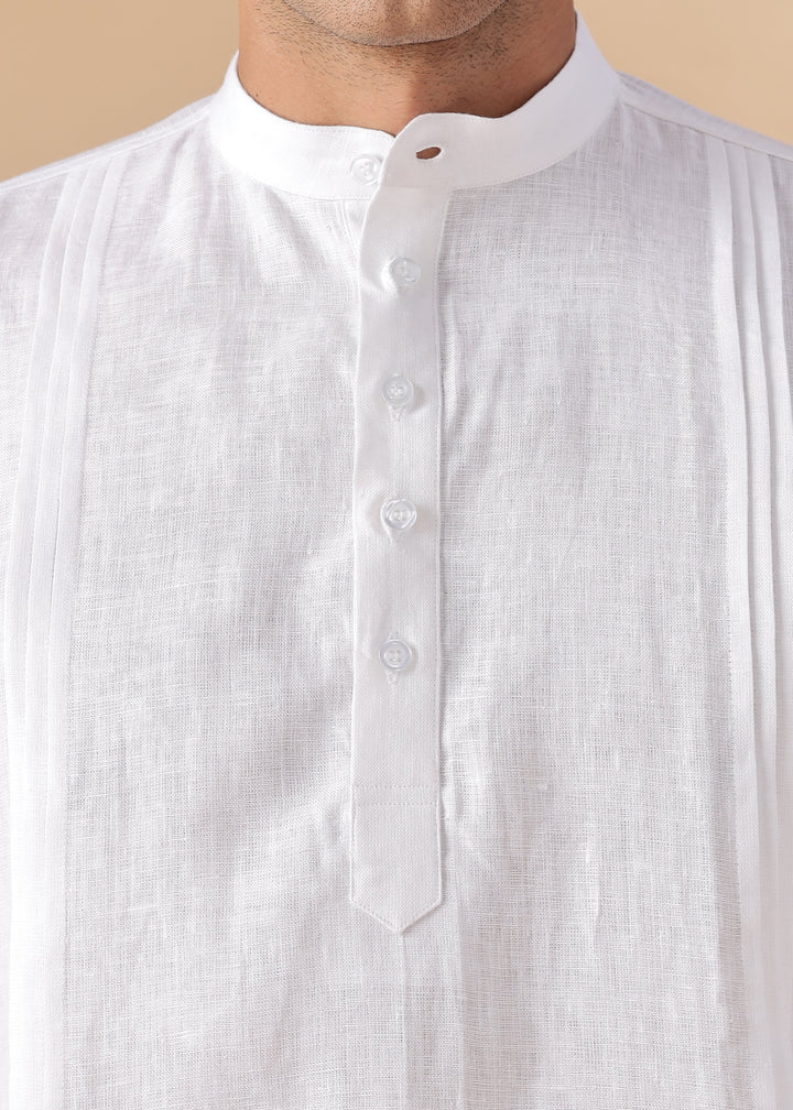 Marsh - Full Sleeve Pure Linen Short Kurta with Space Pleates - White
