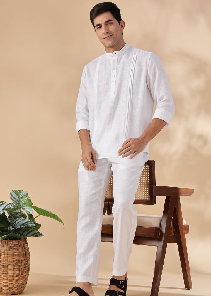 Marsh - Full Sleeve Pure Linen Short Kurta with Space Pleates - White