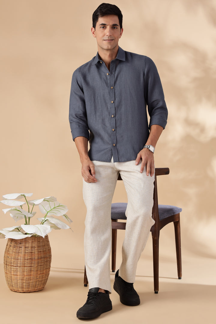 Ron - Pure Linen Full Sleeve Shirt - Gunmetal Grey