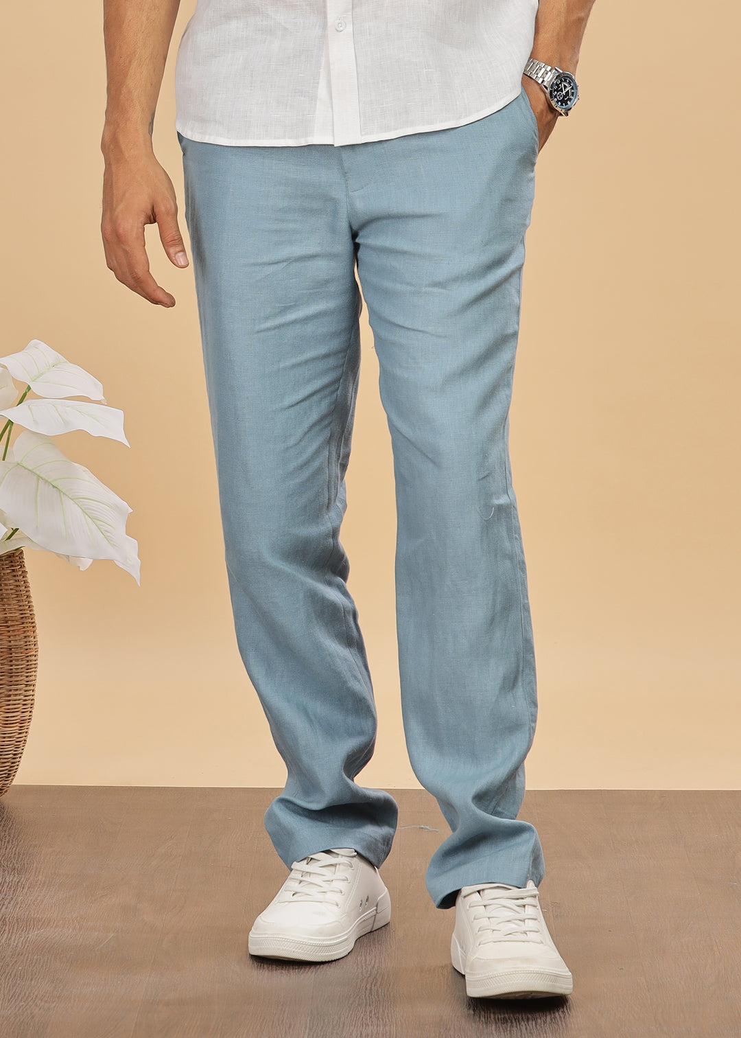 Ian Pure Linen Trousers - Light Blue Grey