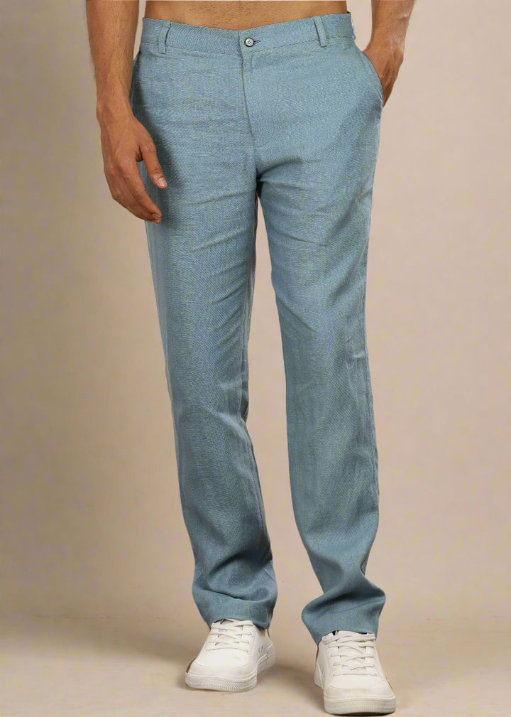 Ian Pure Linen Trousers - Light Blue Grey