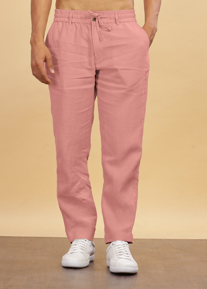 Drake - Pure Linen Trousers With Elastic Waist Band, Drawcord & Zipper - Rose Pink