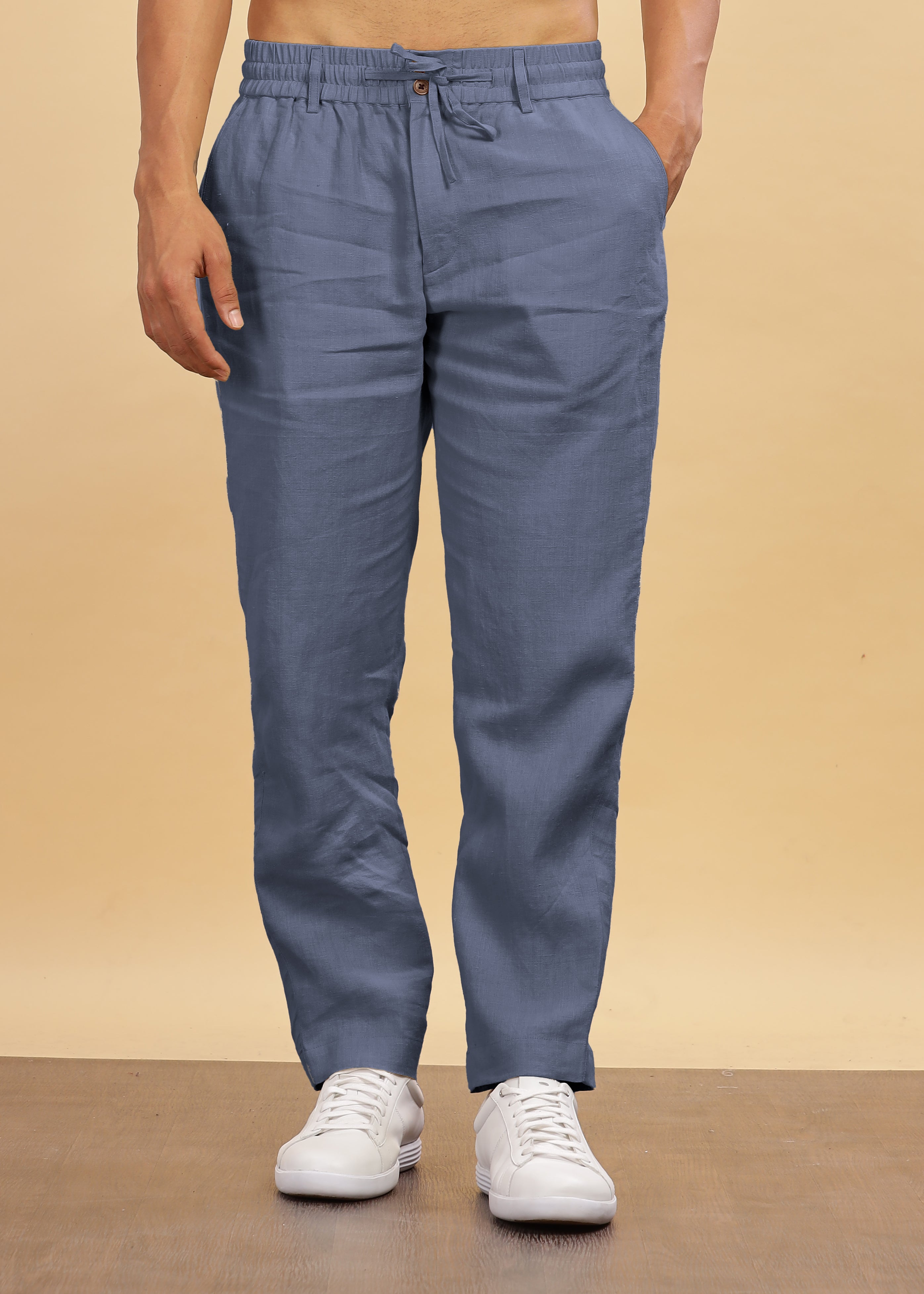 Dark Blue Grey Pure Linen Pants With Elastic Waistband, Drawcord