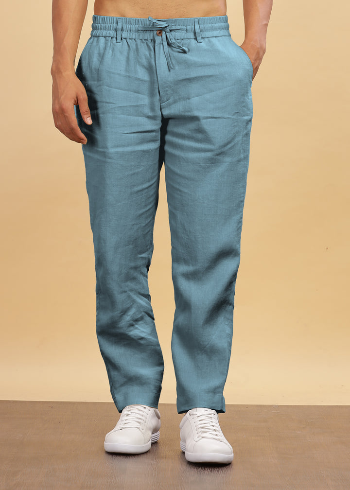 Drake - Pure Linen Trousers With Elastic Waist Band, Drawcord & Zipper - Light Blue Grey