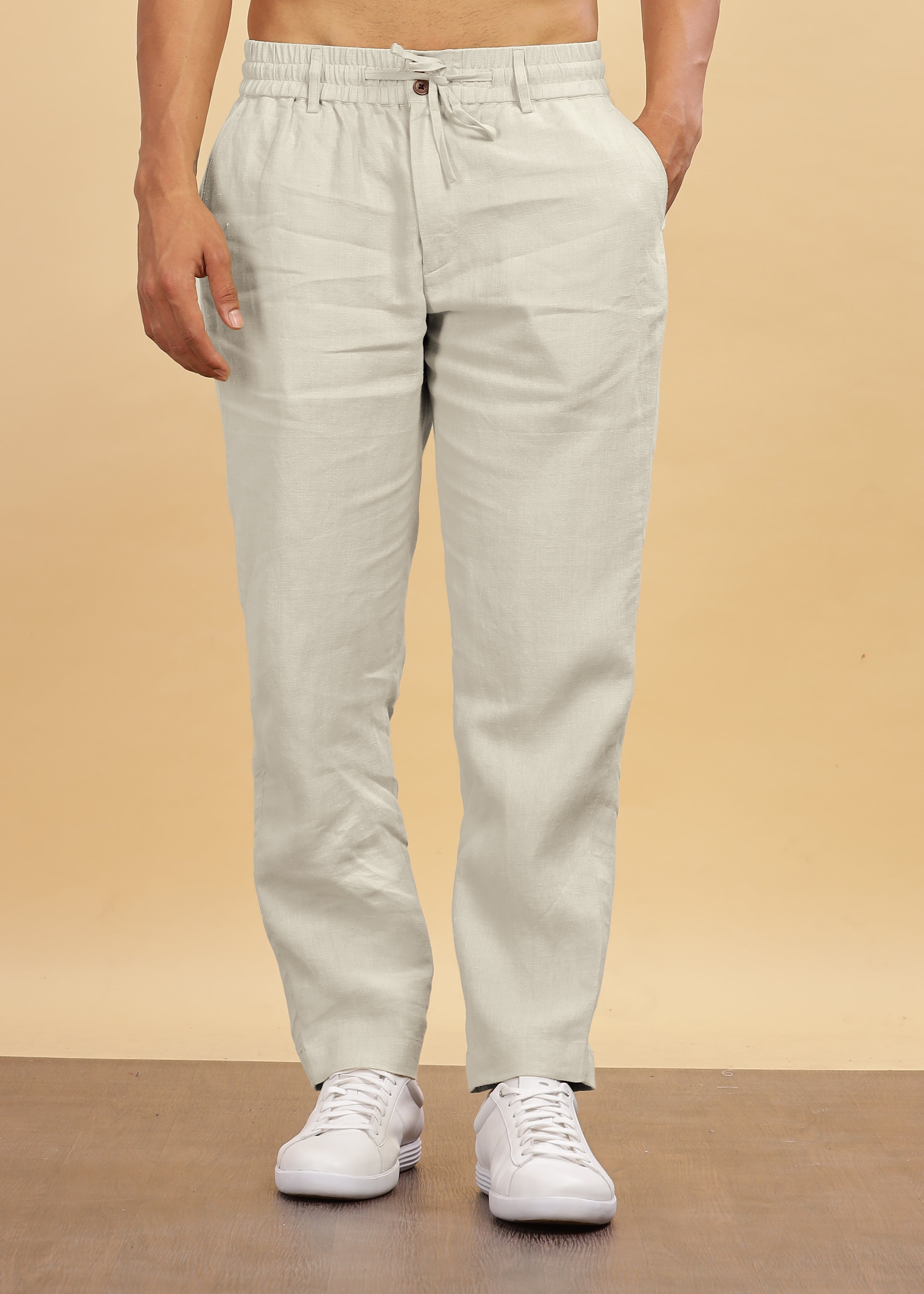Powder Blue Pure Linen Pants With Elastic Waistband, Drawcord