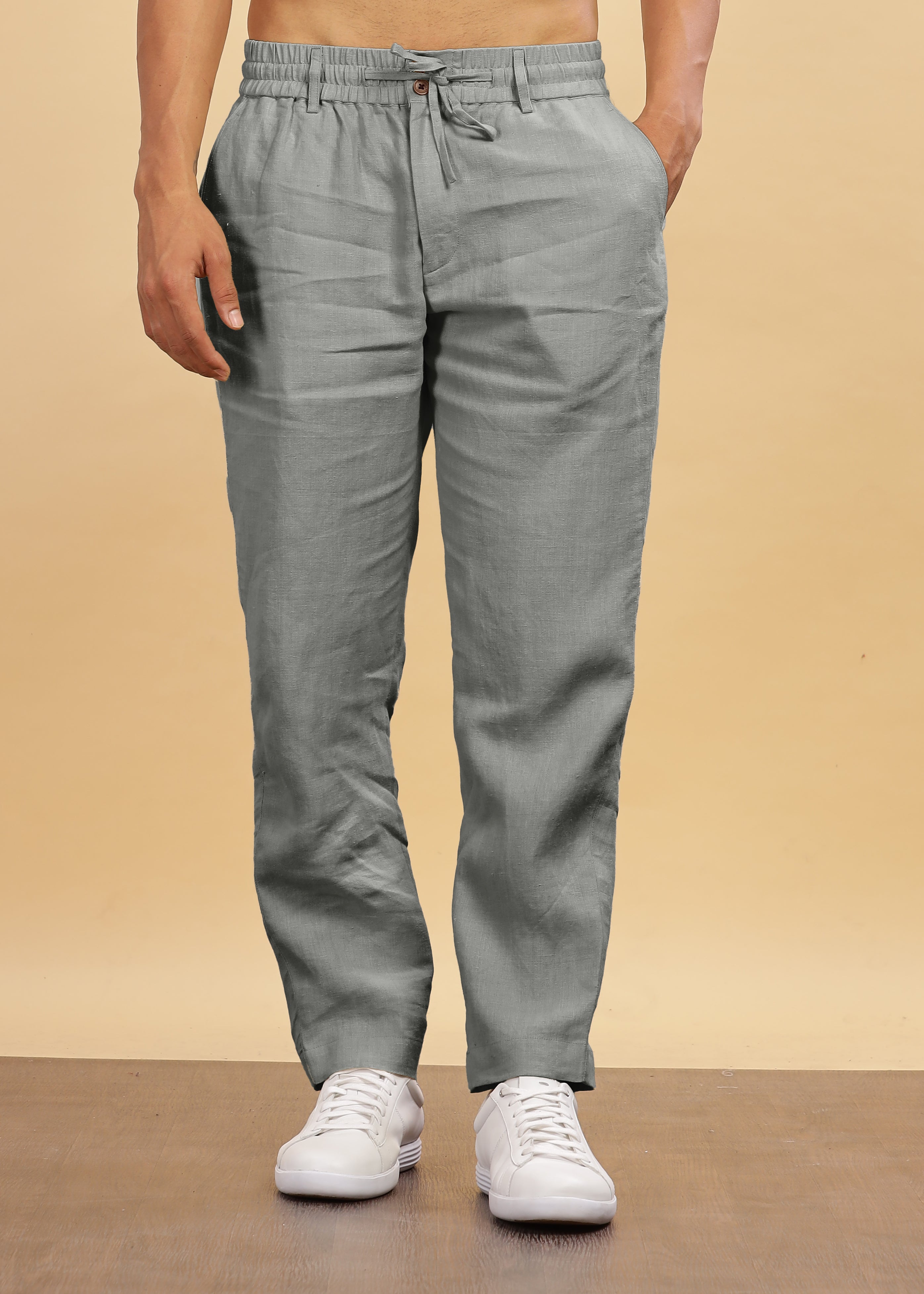 Ash Grey Pure Linen Pants With Elastic Waistband, Drawcord