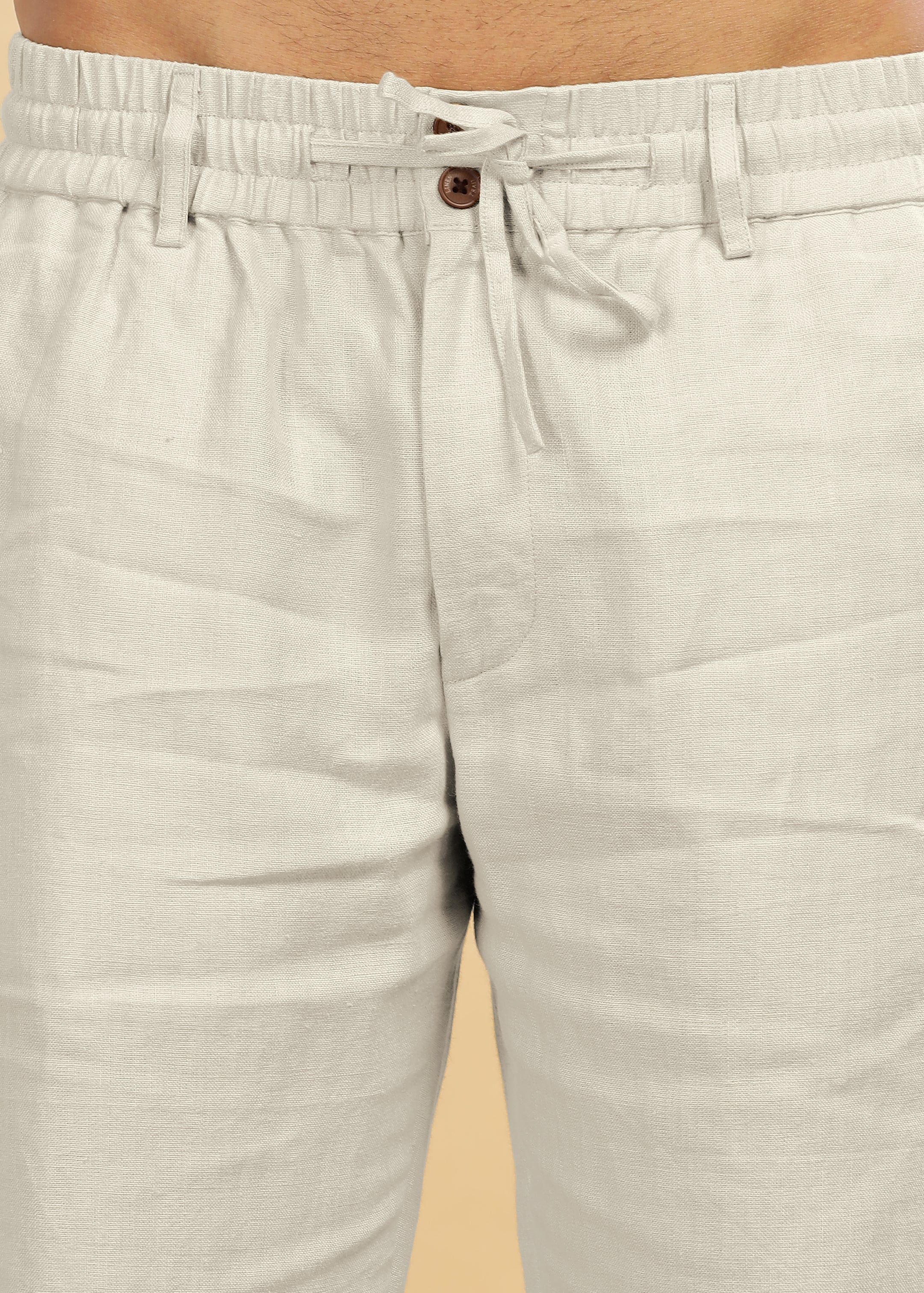 Powder Blue Pure Linen Pants With Elastic Waistband, Drawcord