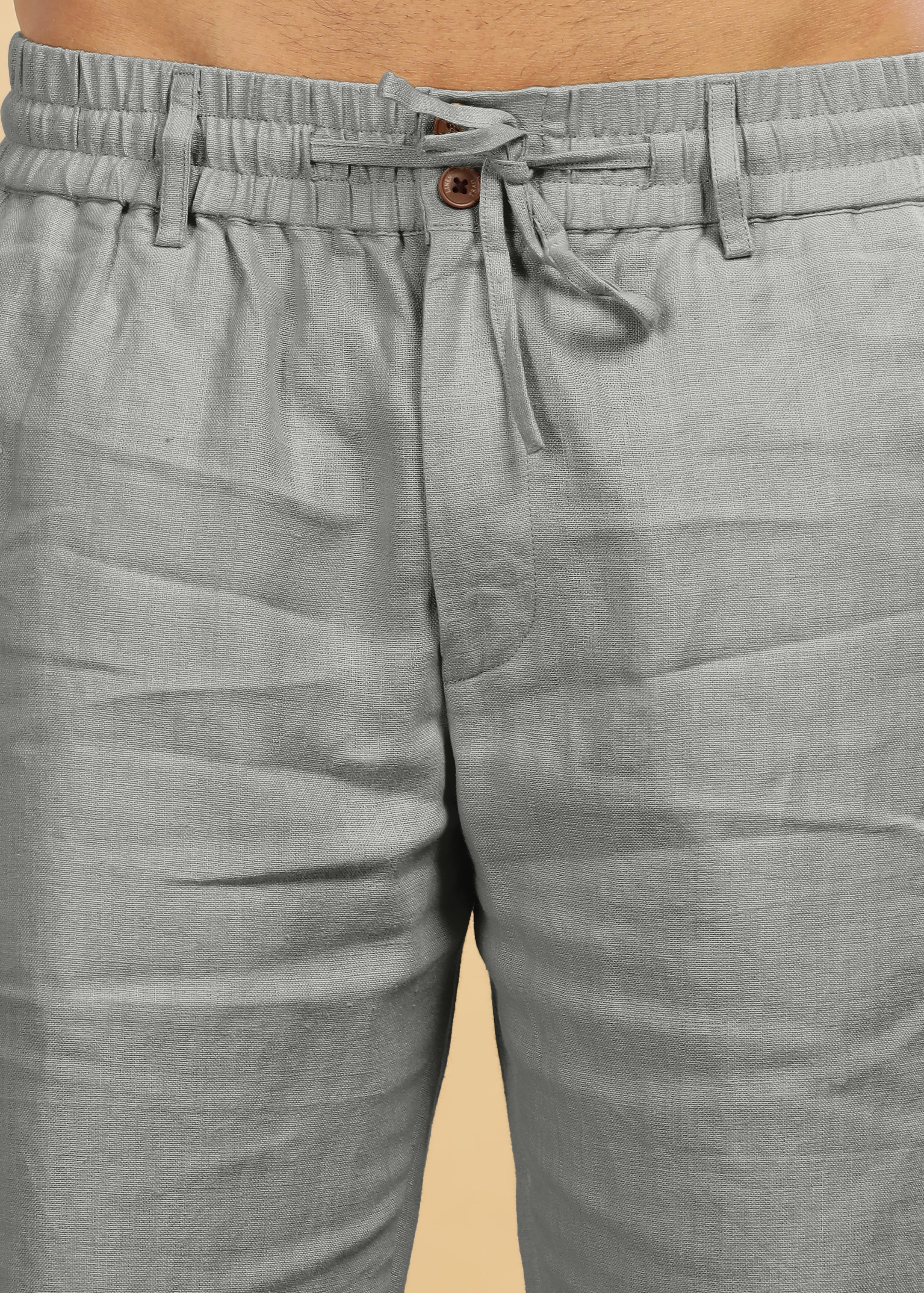 Ash Grey Pure Linen Pants With Elastic Waistband, Drawcord