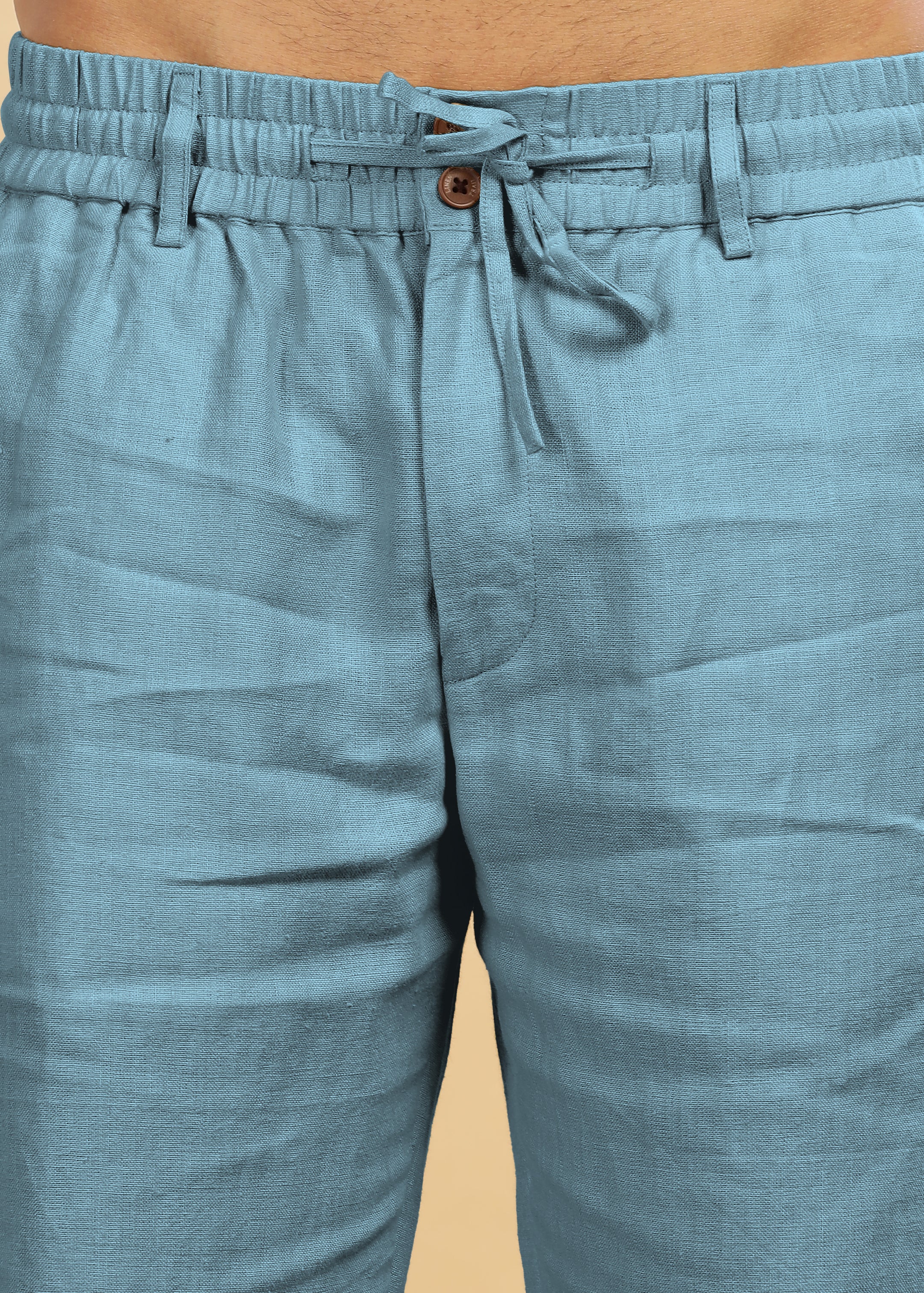 Light Blue Grey Pure Linen Pants With Elastic Waistband